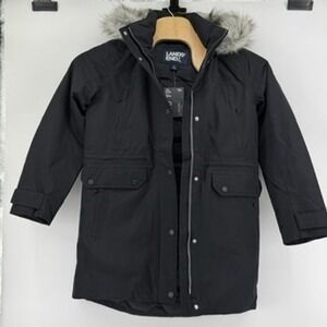 Lands End Black Hooded Parka Jacket Faux Fur Trim 600 Fill Power Down Women S